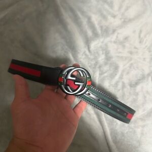 Gucci Black Leather Belt with Red and Green Stripes and Silver GG Buckle